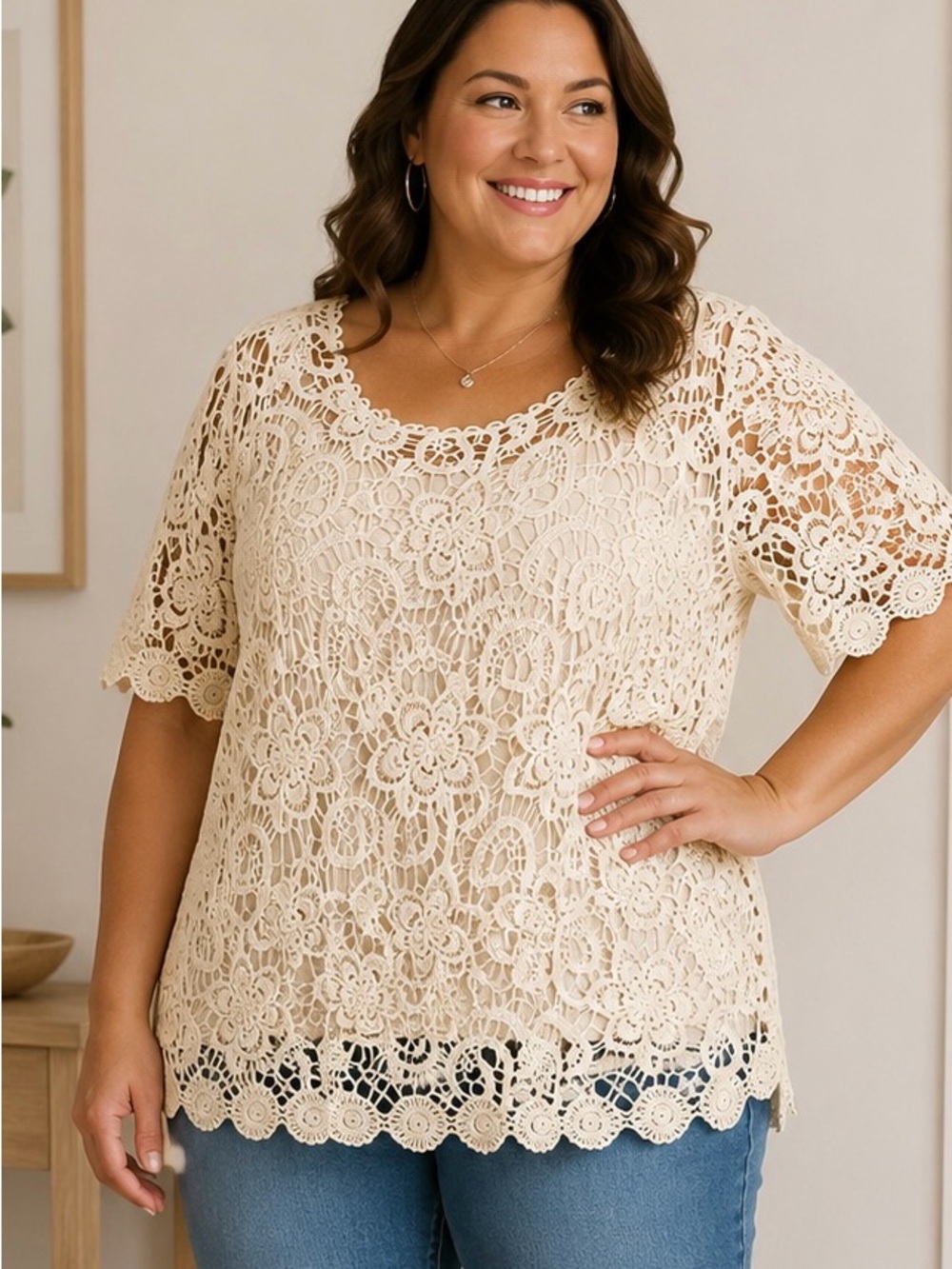 NorthStyle Crochet Top Size 3X Ivory Floral Lace Lined
